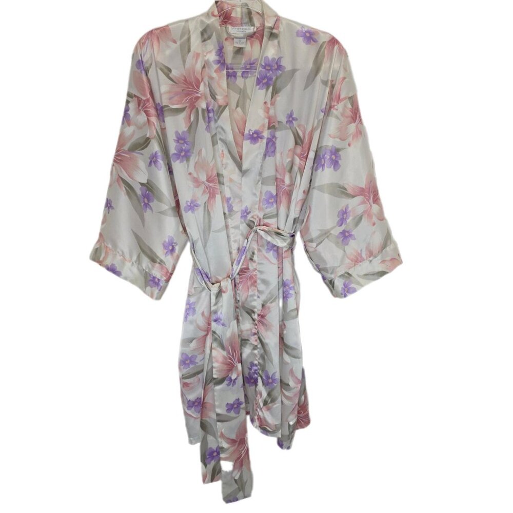 1351 Mystique Intimates Short Satin Robe Floral Slouchy Fit Sz.M Womens